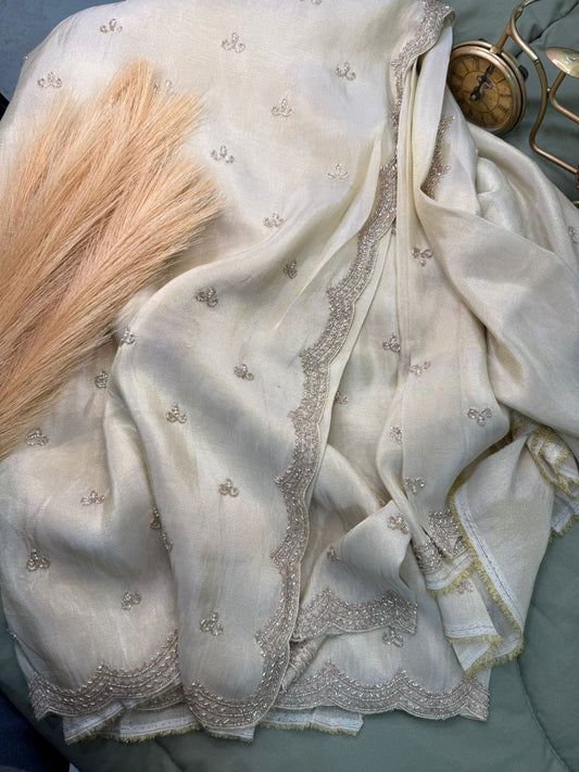 Pure Georgette Tissue Ivory Handwork Saree