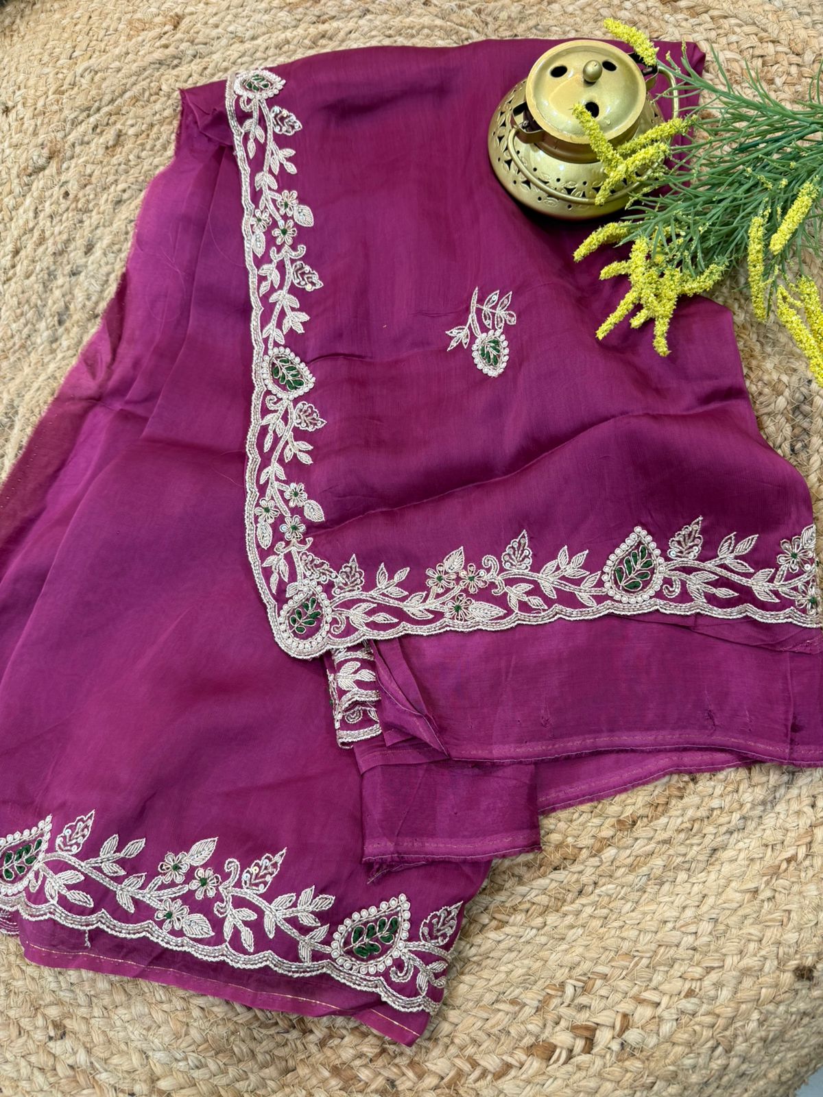 Rich Magenta Blossom Silver Handwork Crepe Saree