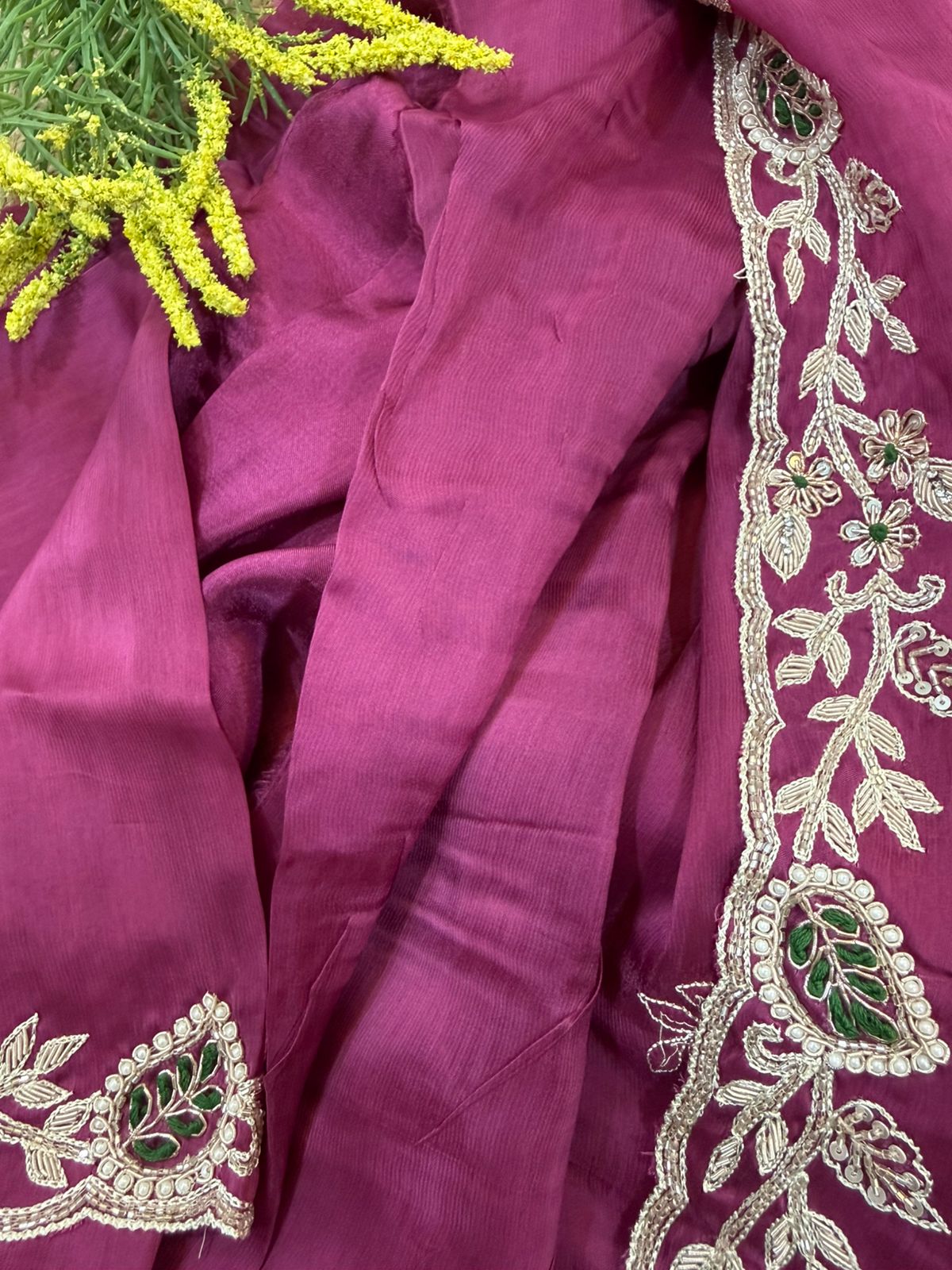 Rich Magenta Blossom Silver Handwork Crepe Saree