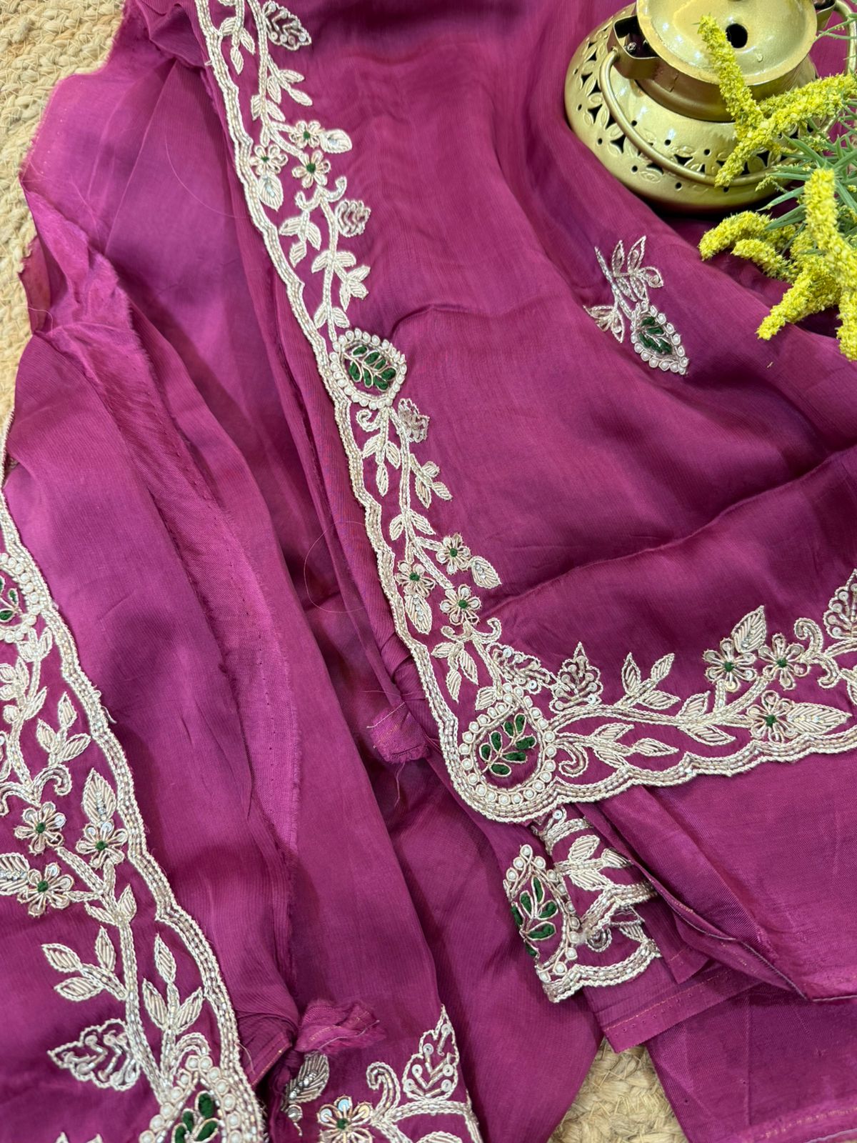 Rich Magenta Blossom Silver Handwork Crepe Saree