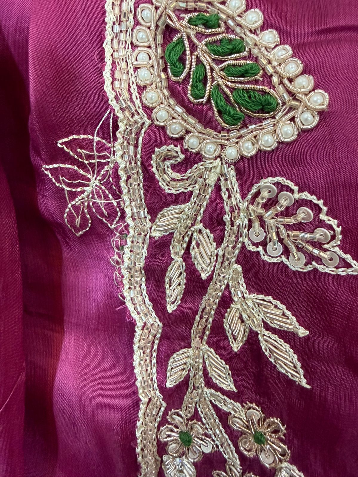 Rich Magenta Blossom Silver Handwork Crepe Saree