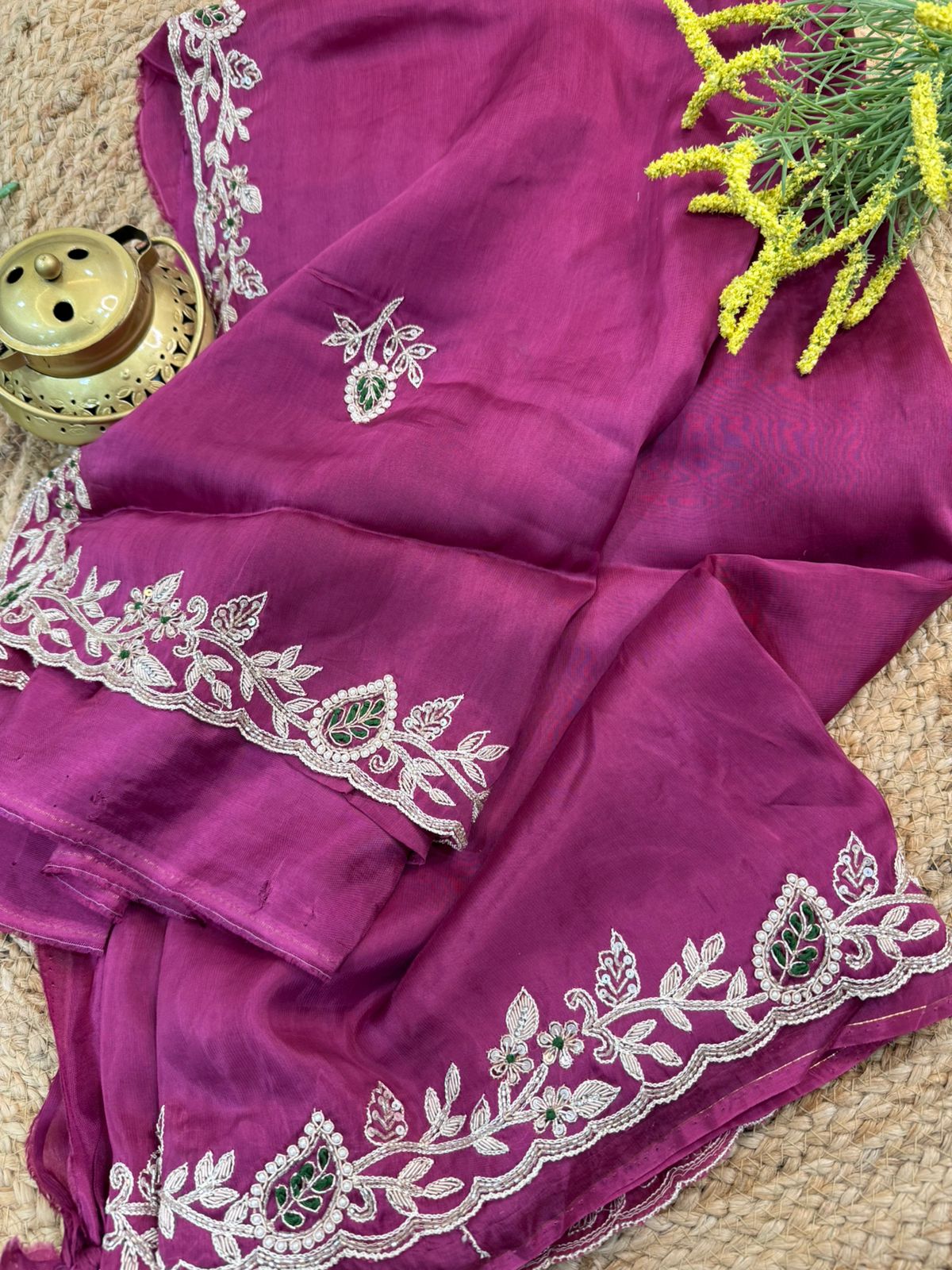 Rich Magenta Blossom Silver Handwork Crepe Saree