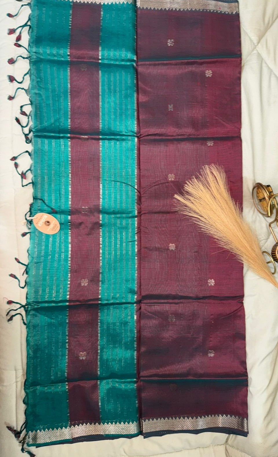 Vintage Wine Mangalagiri Saree with Silver Zari Border