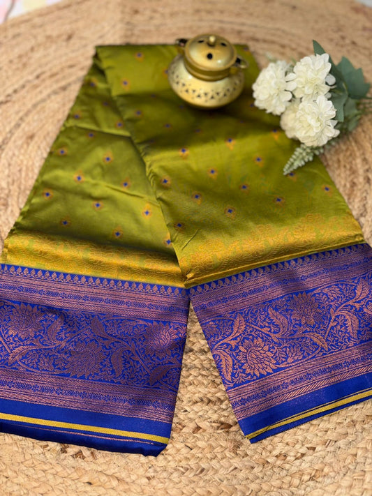 Parrot Green with Royal Blue Border Paithani