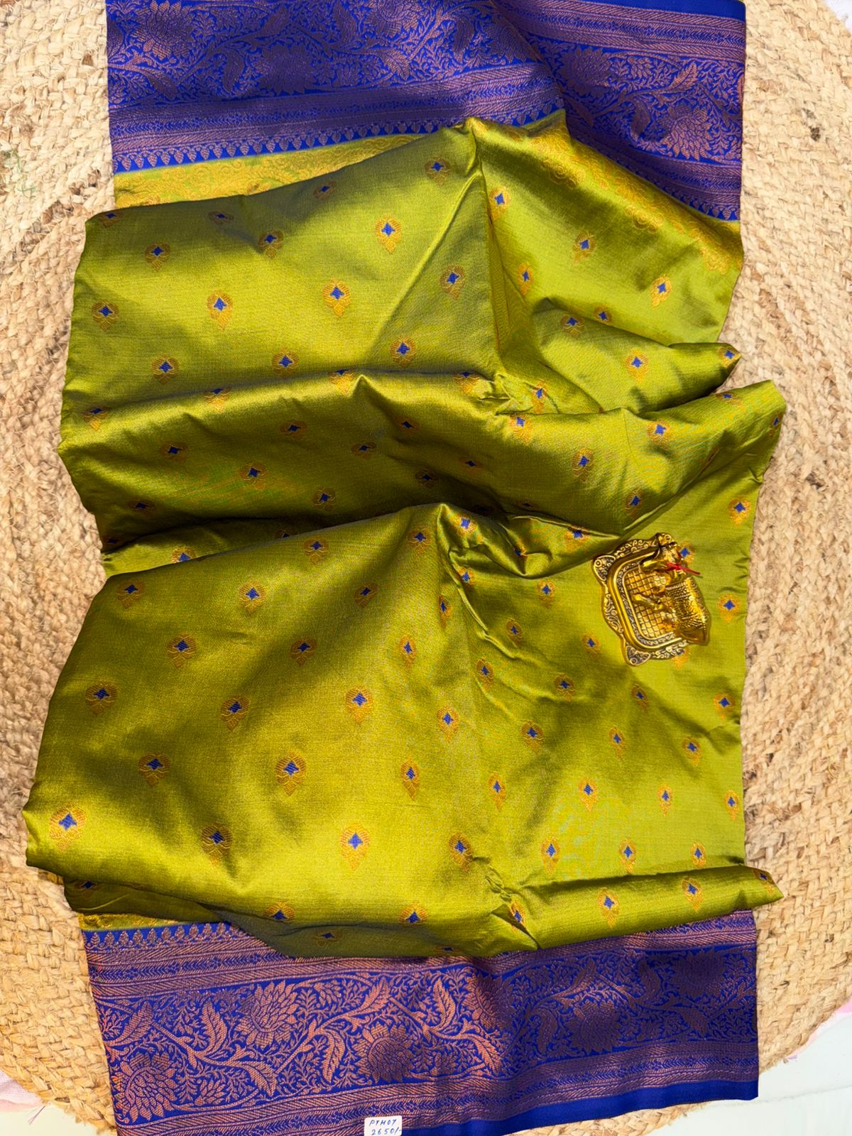 Parrot Green with Royal Blue Border Paithani