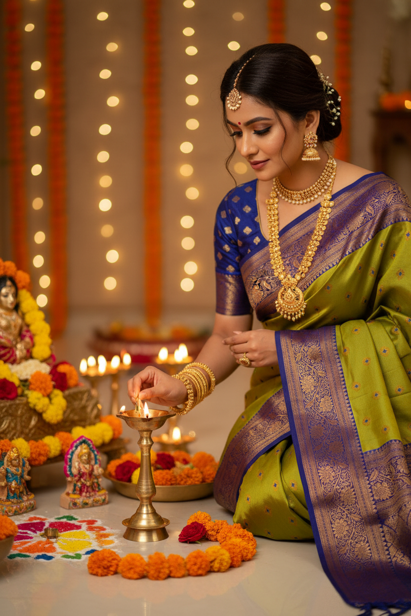 Parrot Green with Royal Blue Border Paithani