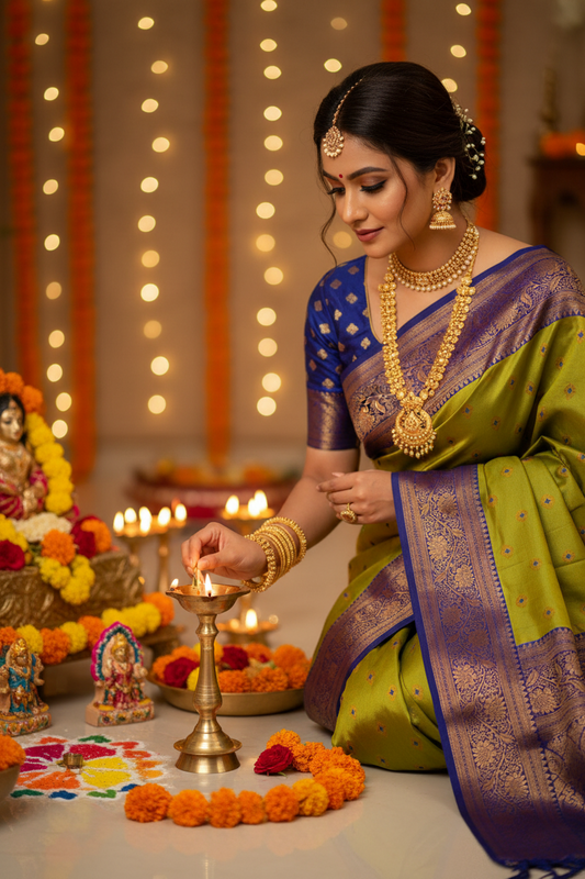 Parrot Green with Royal Blue Border Paithani