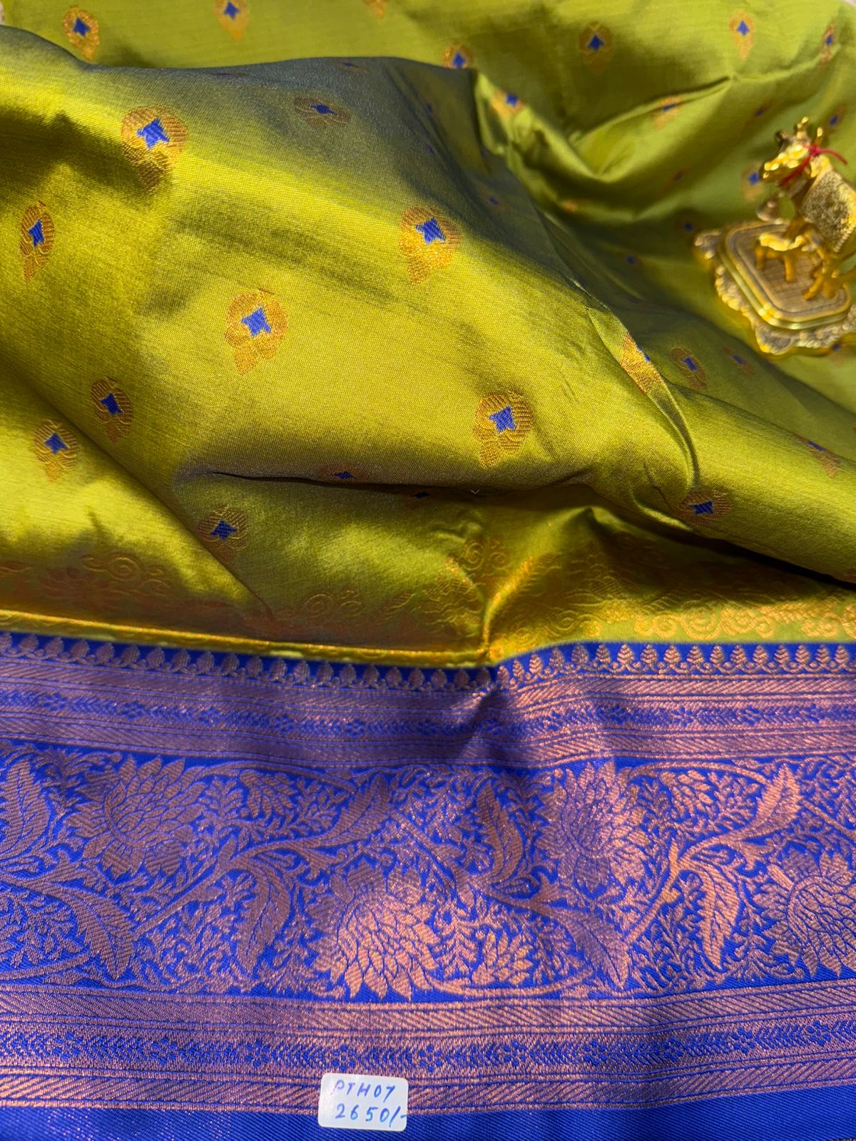 Parrot Green with Royal Blue Border Paithani