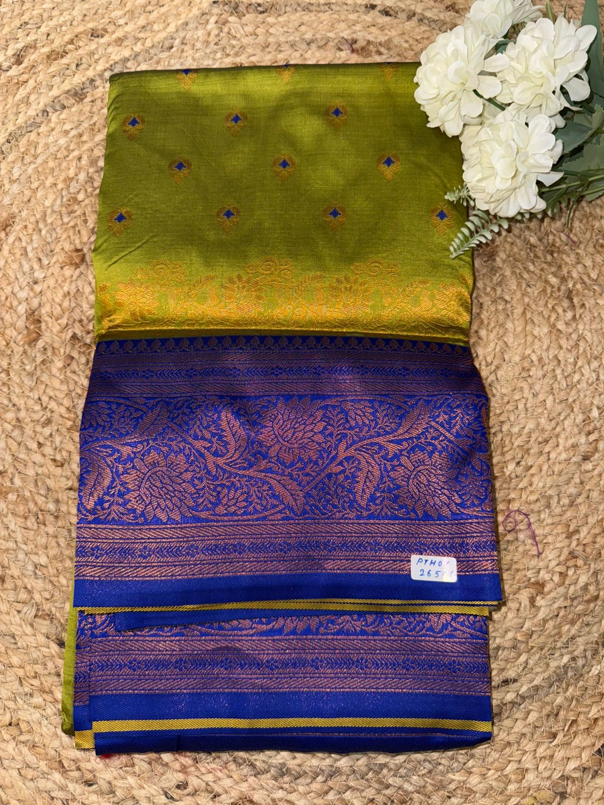 Parrot Green with Royal Blue Border Paithani