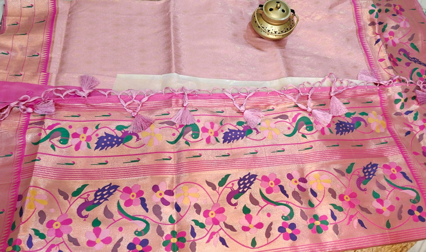 Soft Blush Pink Silk Paithani Saree with Delicate Woven Motifs