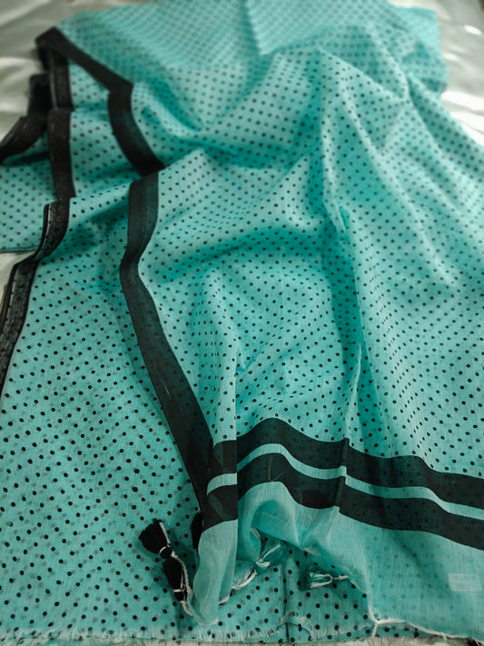 Aqua Blue Polka Mul Cotton Saree with Contrast Black Border