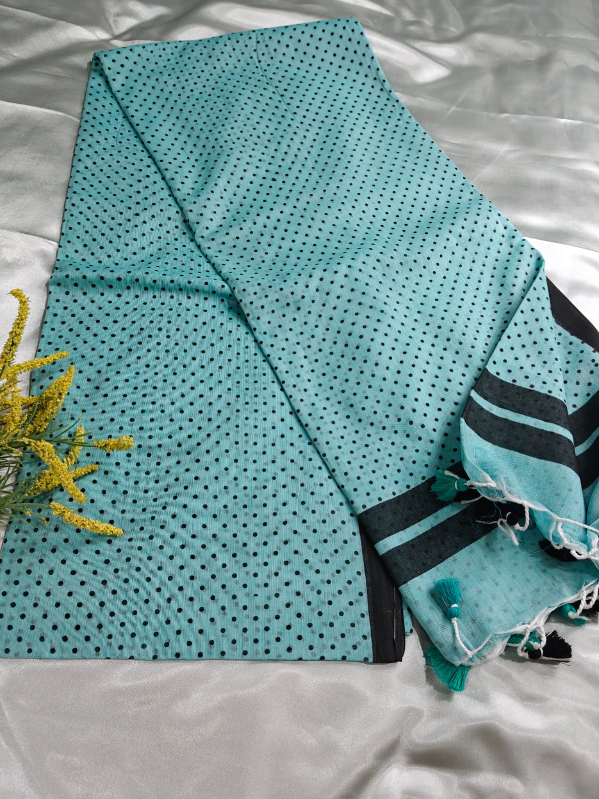 Aqua Blue Polka Mul Cotton Saree with Contrast Black Border