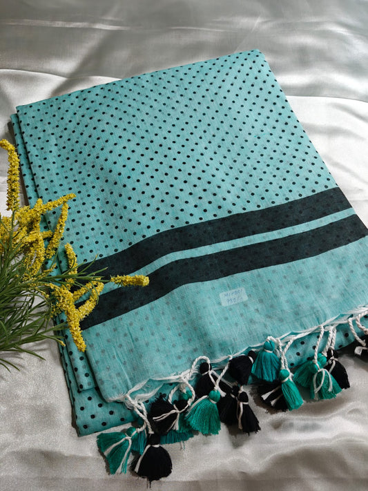 Aqua Blue Polka Mul Cotton Saree with Contrast Black Border