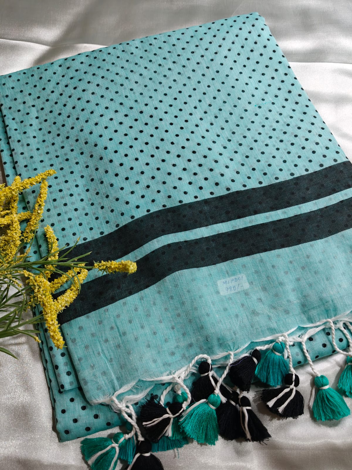 Aqua Blue Polka Mul Cotton Saree with Contrast Black Border