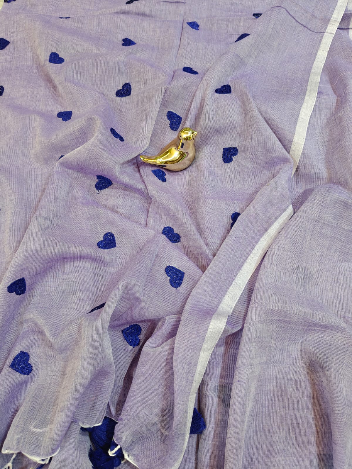 Lavender Heart Embroidery Mul Cotton Saree