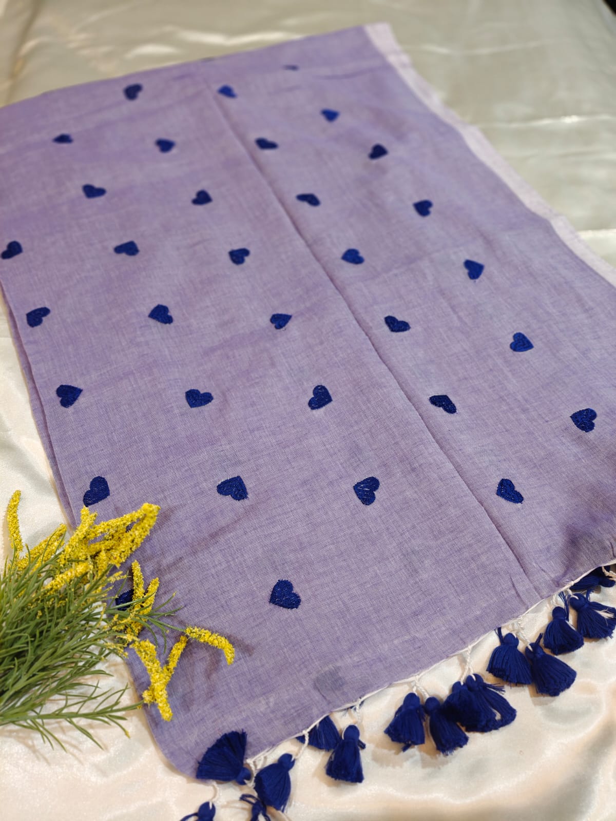 Lavender Heart Embroidery Mul Cotton Saree