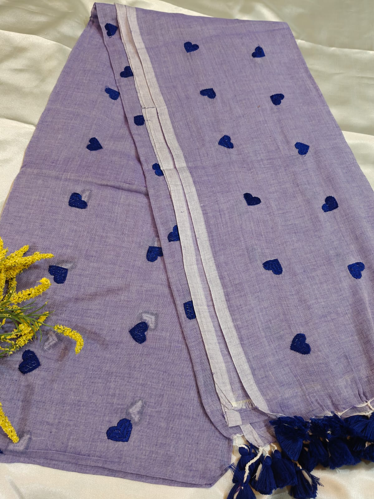 Lavender Heart Embroidery Mul Cotton Saree