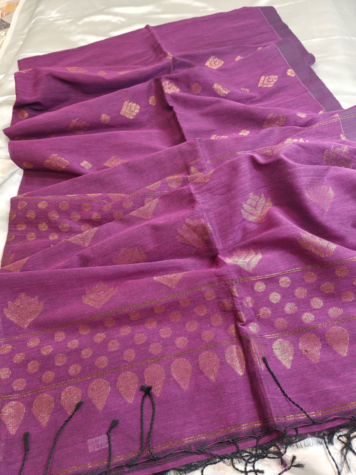 Wine Organic Linen Saree Gold Antique Zari Buttas