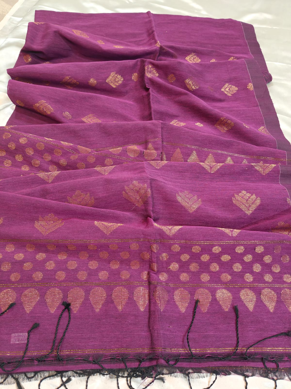 Wine Organic Linen Saree Gold Antique Zari Buttas