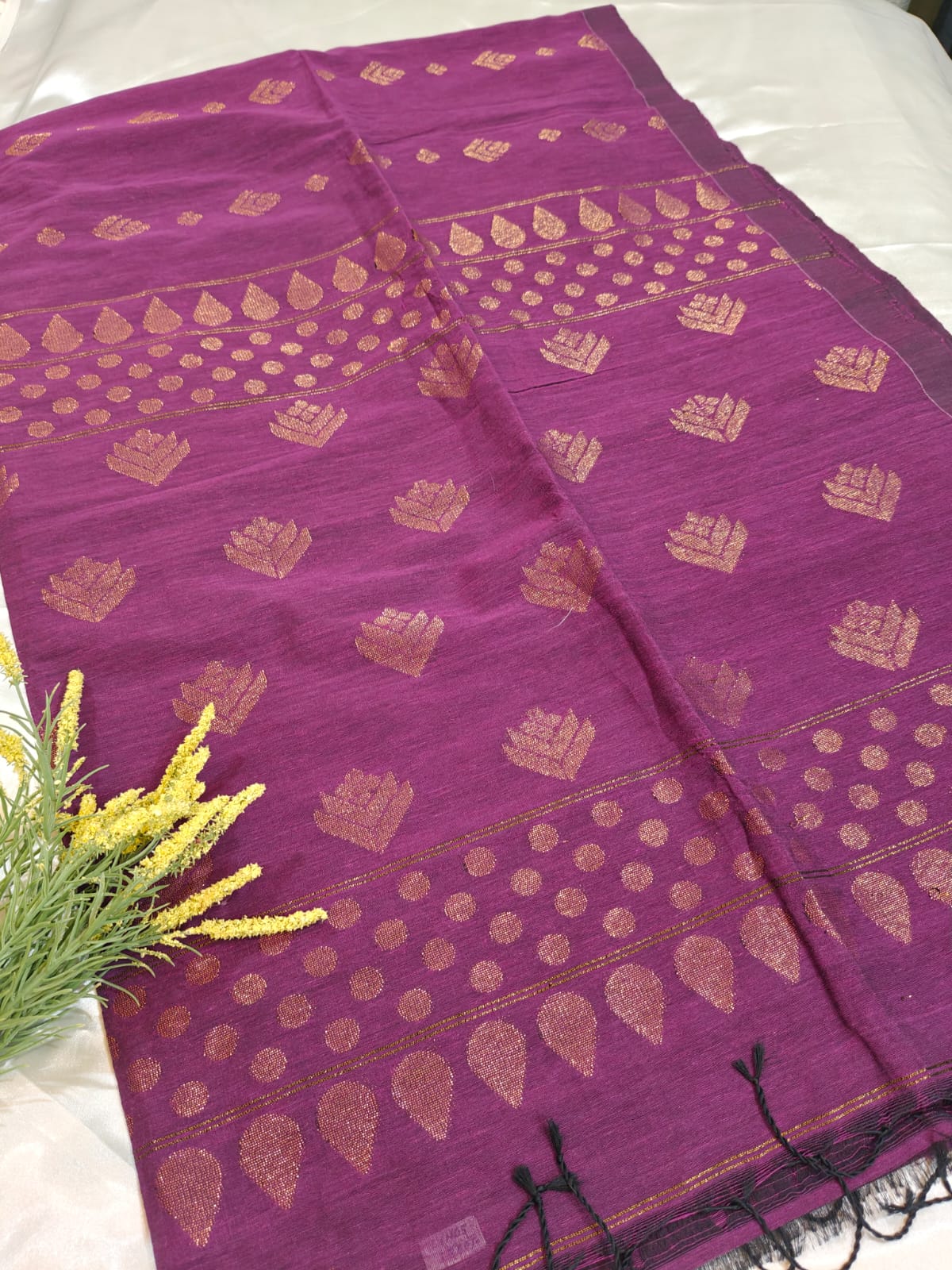 Wine Organic Linen Saree Gold Antique Zari Buttas