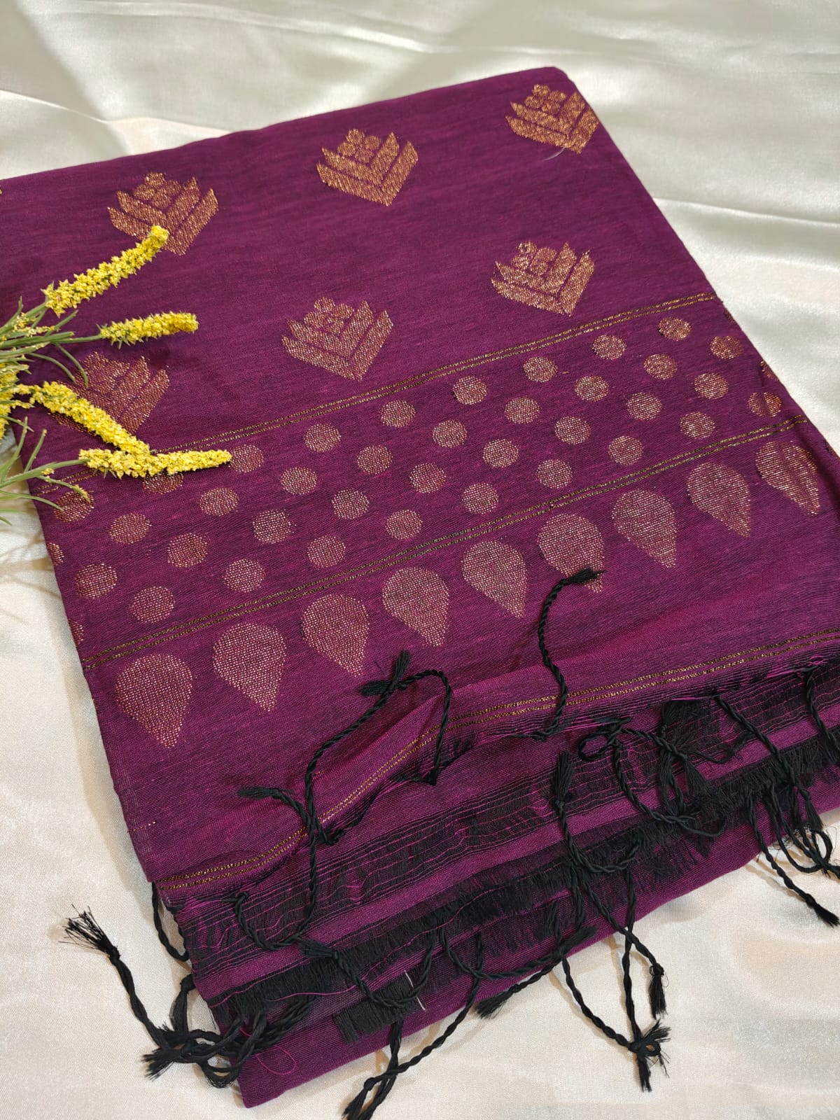 Wine Organic Linen Saree Gold Antique Zari Buttas