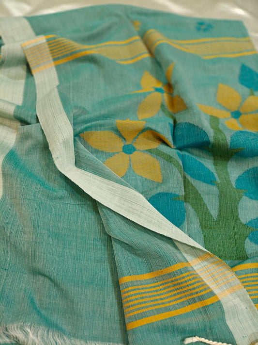 Sea Green Handwoven Jamdani Saree with Floral Motifs