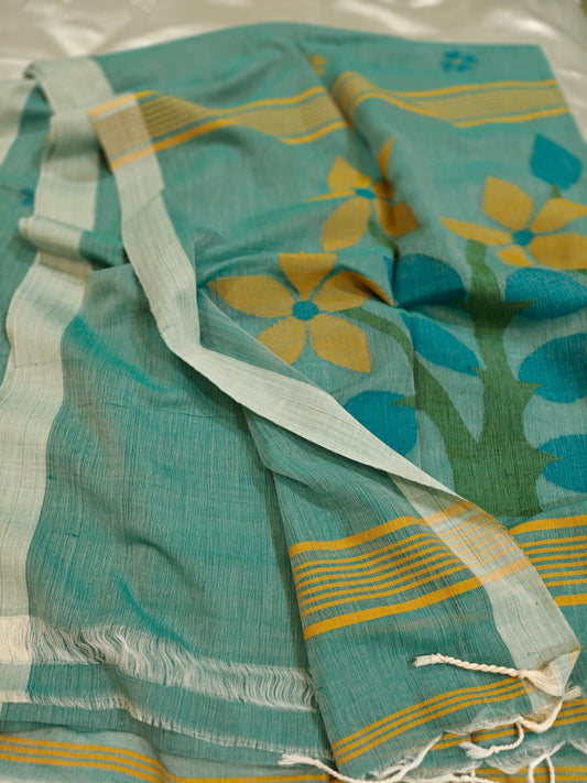 Sea Green Handwoven Jamdani Saree with Floral Motifs