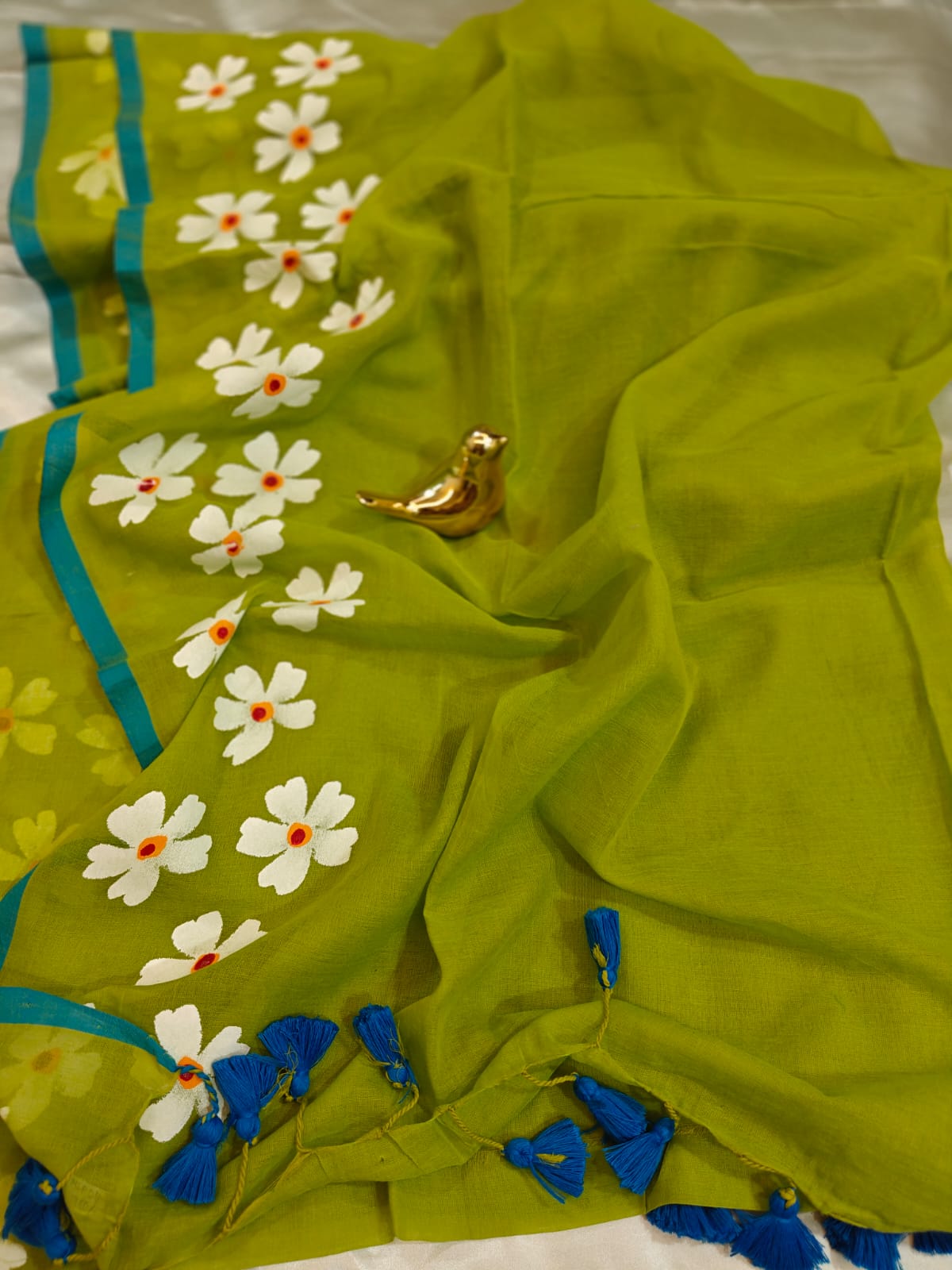 Parrot Green Mul Cotton Saree with Hand Painted Floral Border