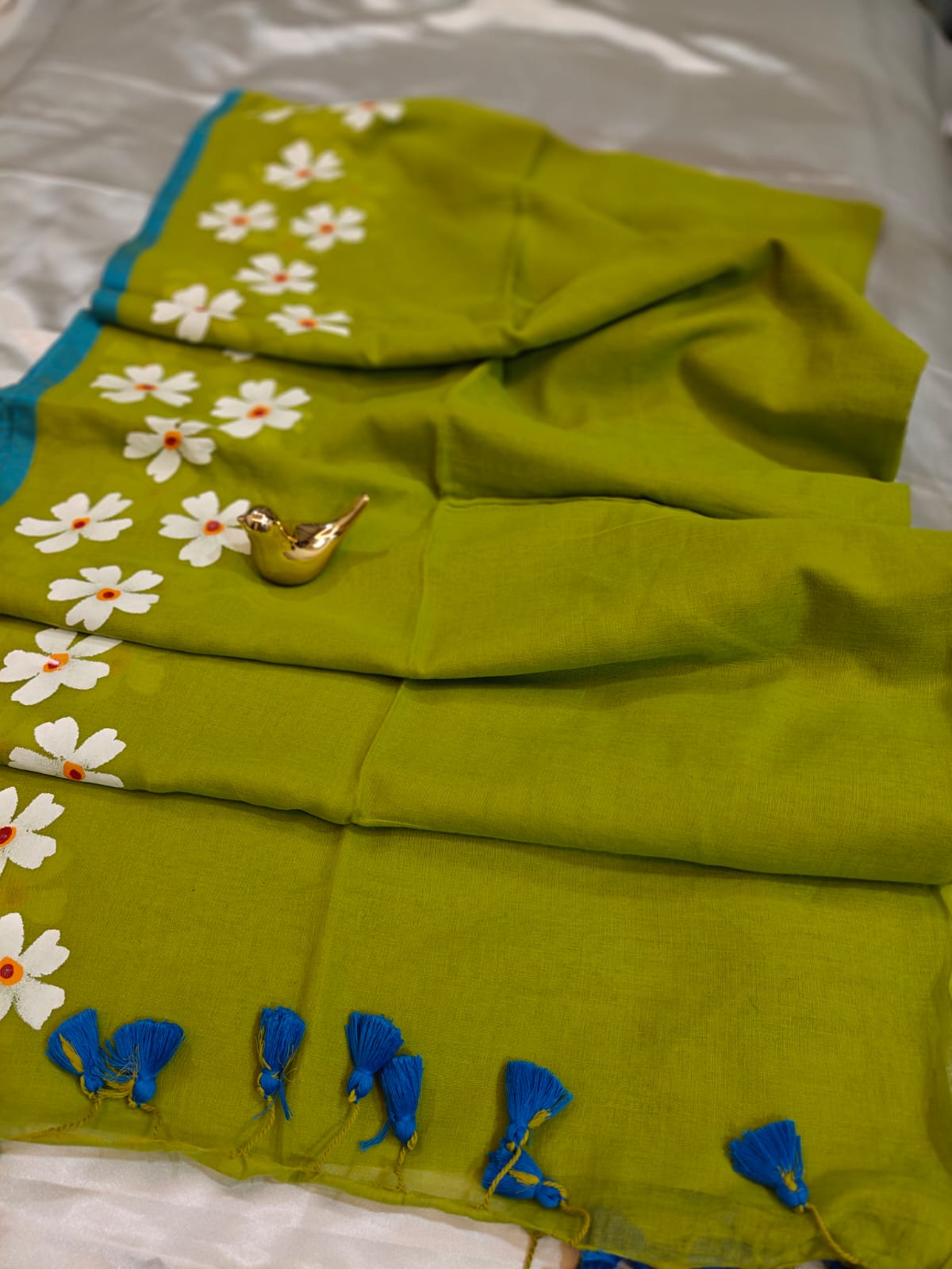 Parrot Green Mul Cotton Saree with Hand Painted Floral Border