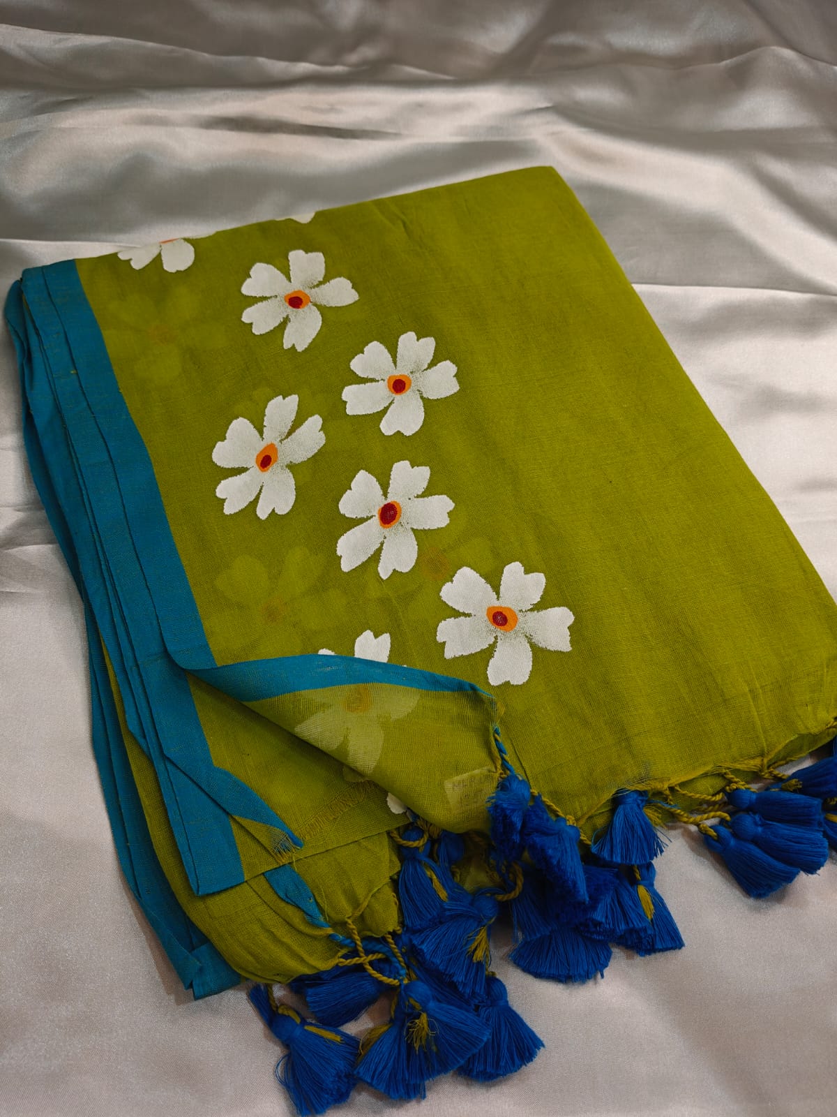 Parrot Green Mul Cotton Saree with Hand Painted Floral Border