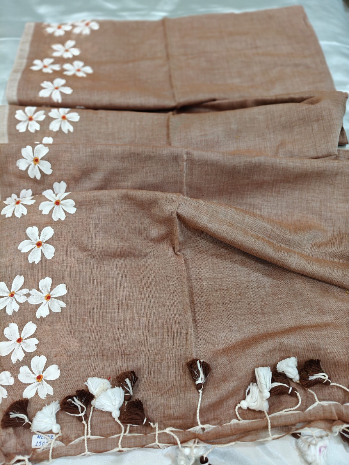 Mocha Brown Mul Cotton Saree with Hand-Painted White Florals