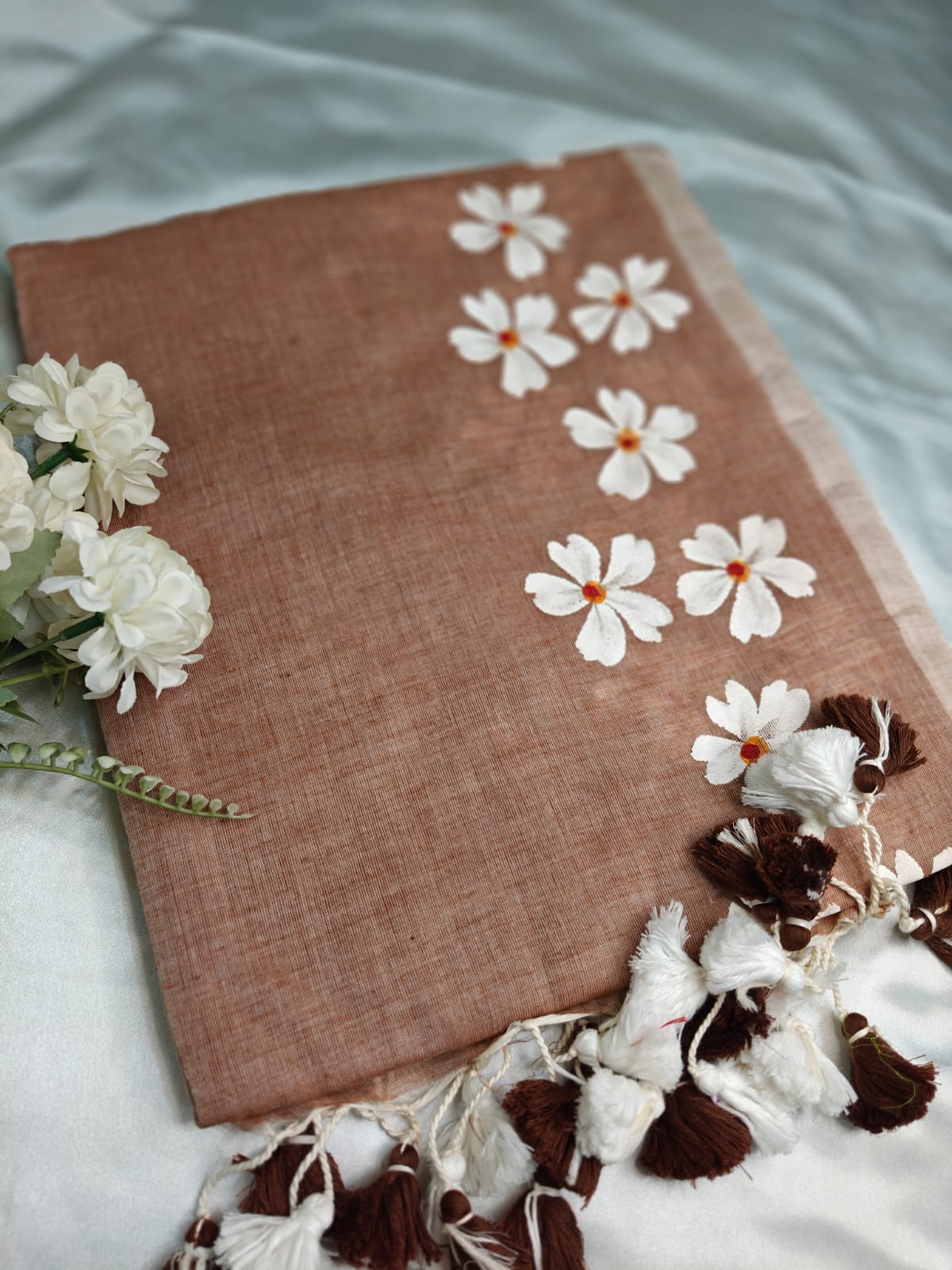 Mocha Brown Mul Cotton Saree with Hand-Painted White Florals