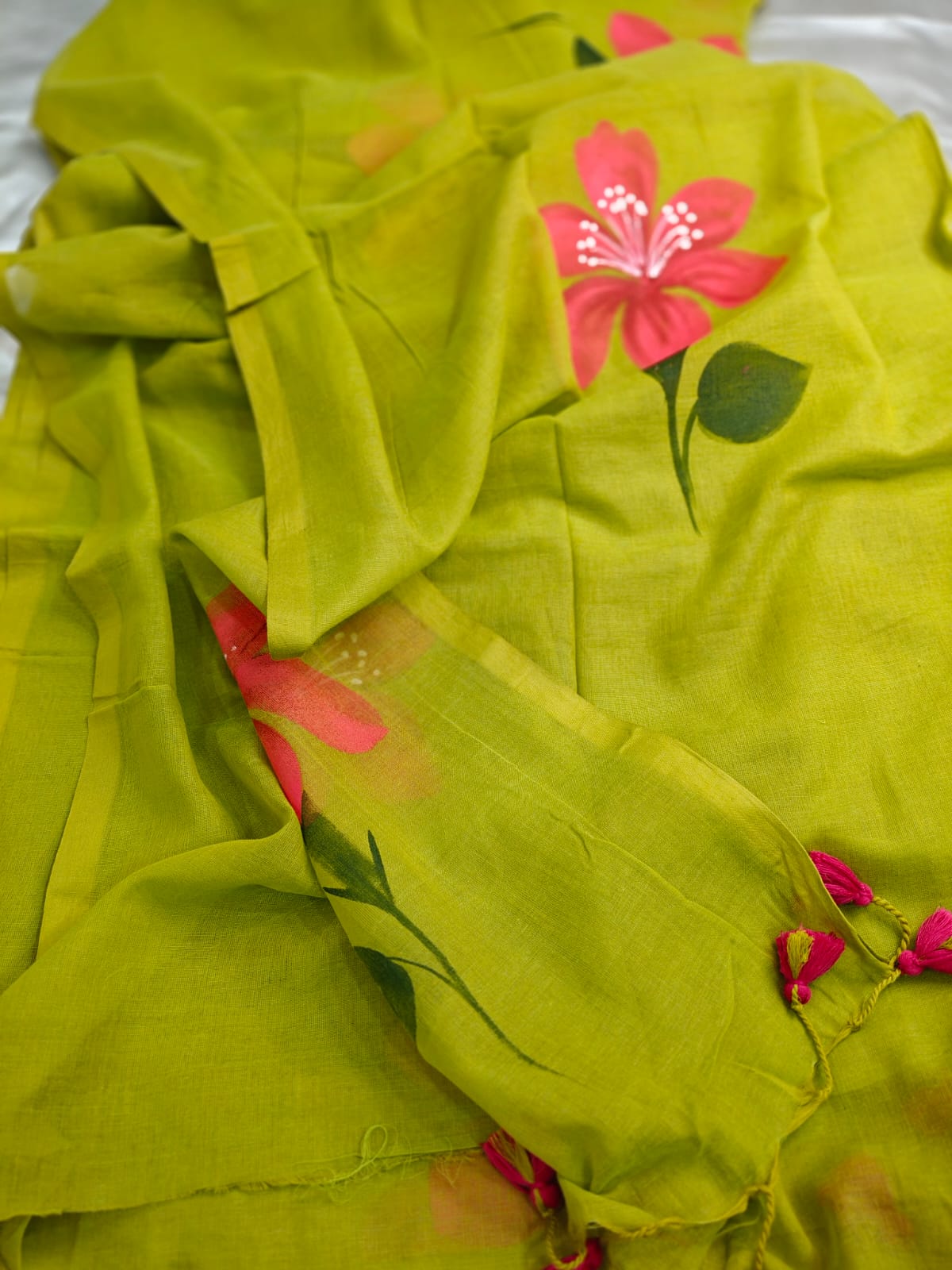 Lime Green – Hand-Painted Floral Mul Cotton Saree