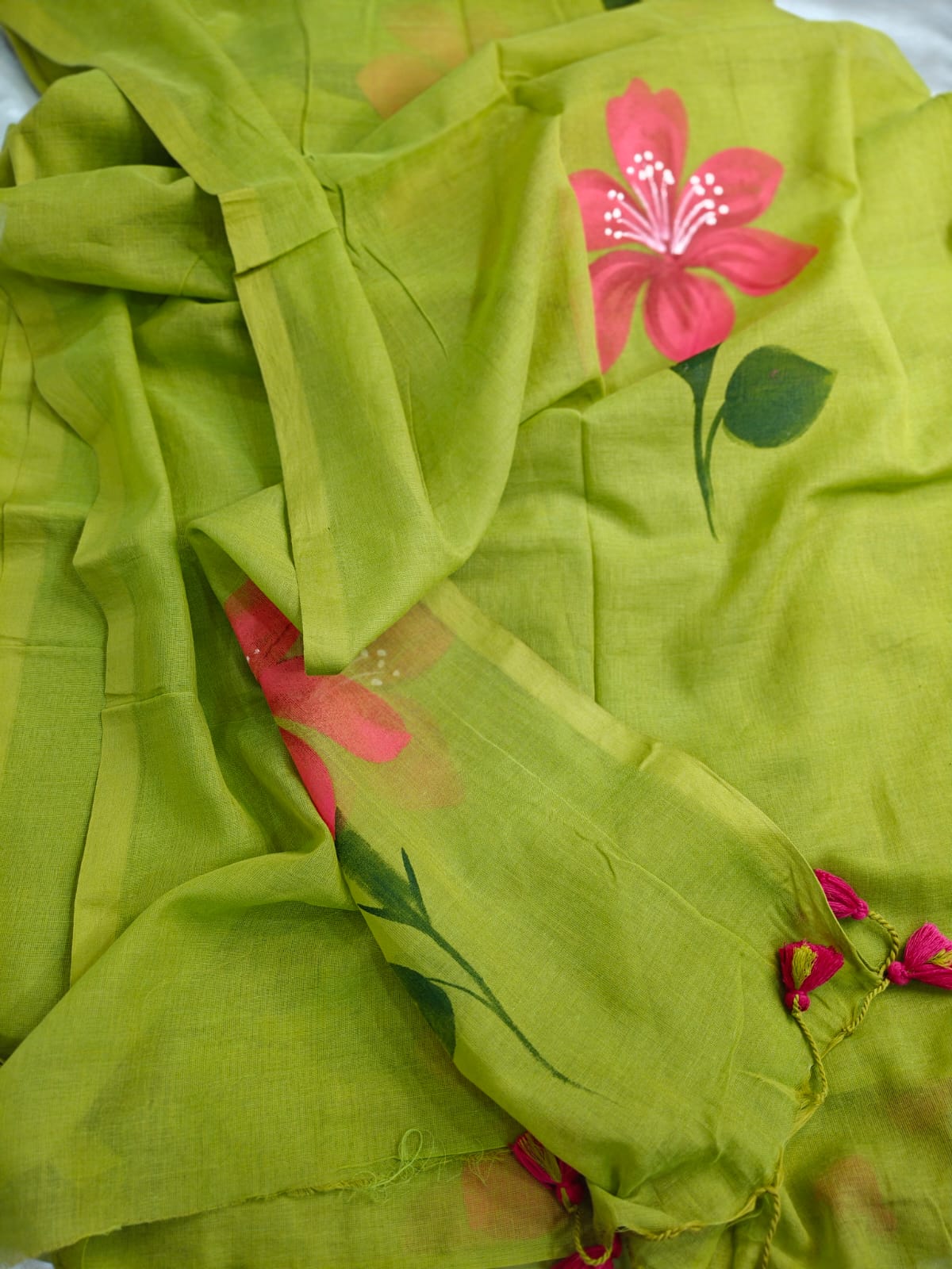 Lime Green – Hand-Painted Floral Mul Cotton Saree