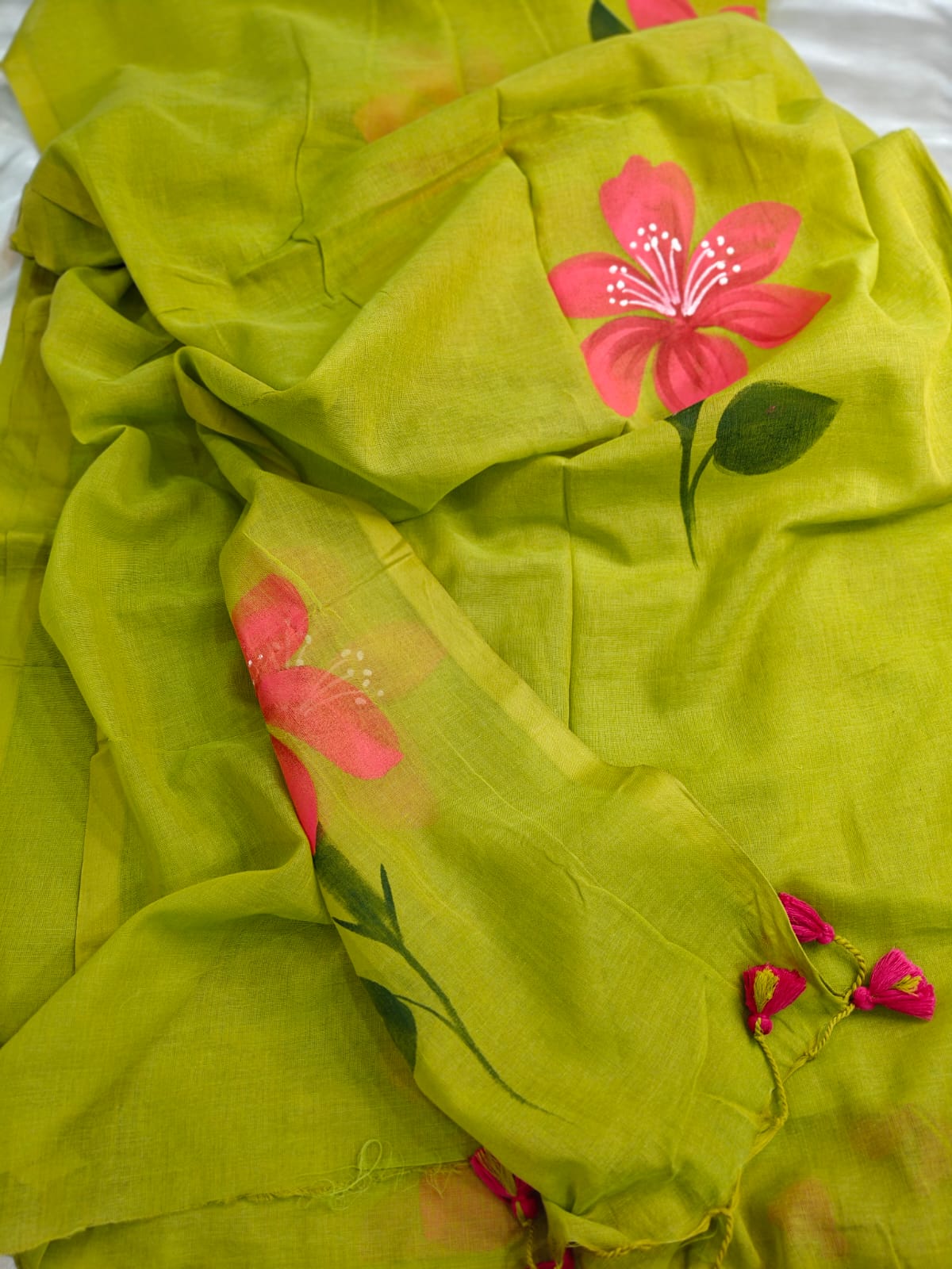 Lime Green – Hand-Painted Floral Mul Cotton Saree