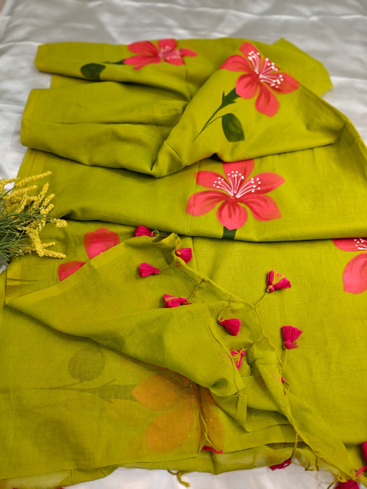 Lime Green – Hand-Painted Floral Mul Cotton Saree