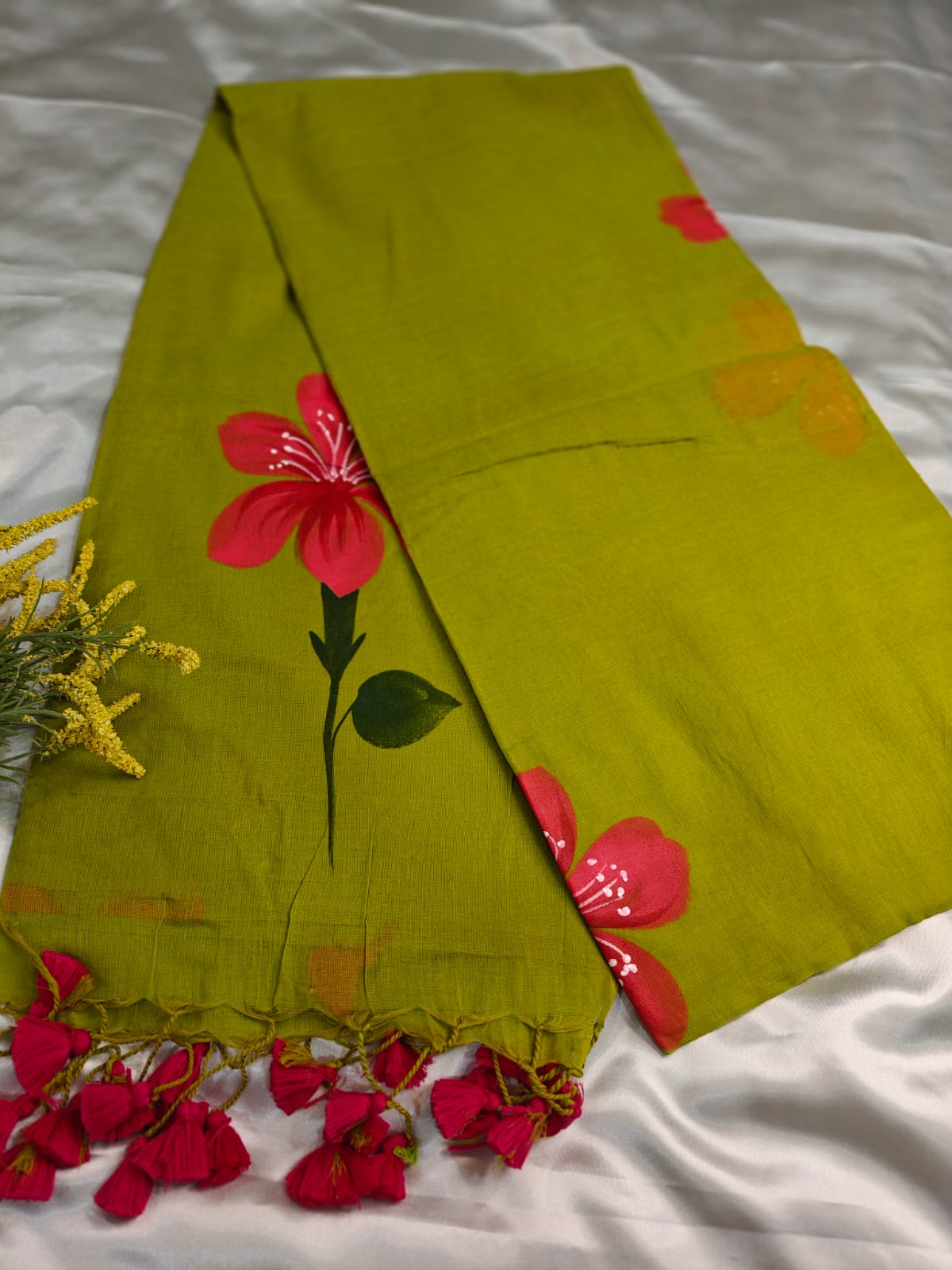 Lime Green – Hand-Painted Floral Mul Cotton Saree