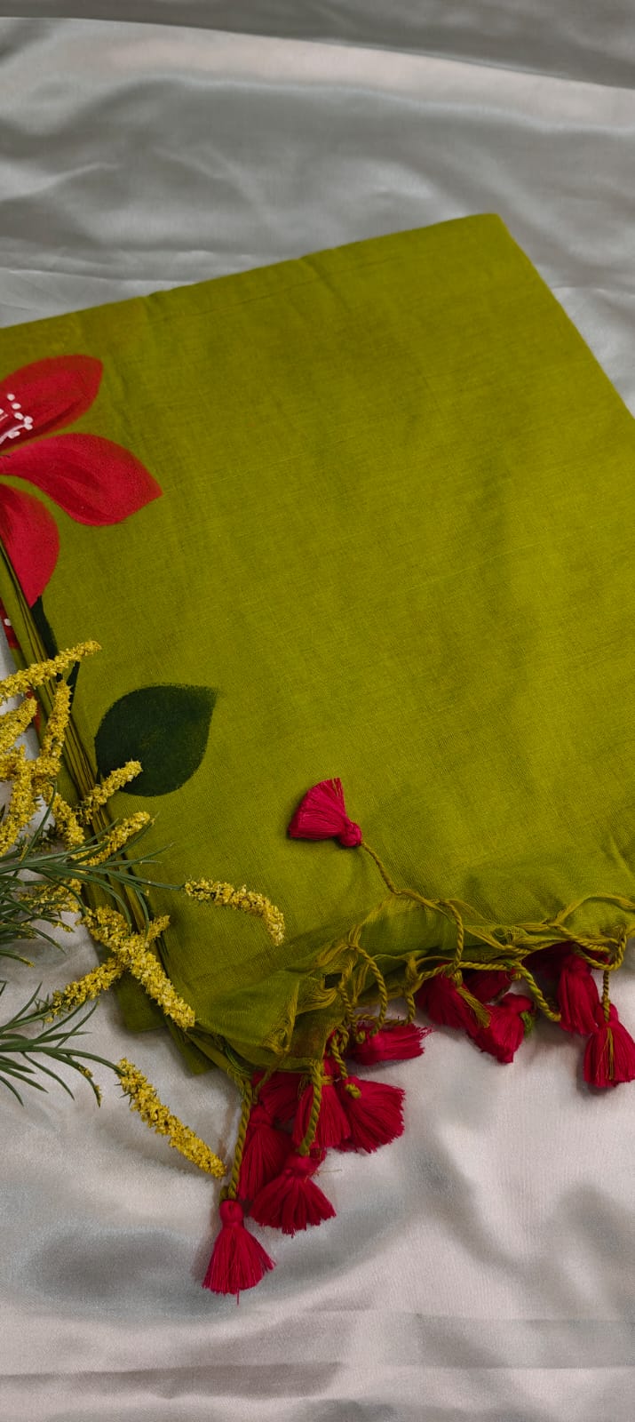 Lime Green – Hand-Painted Floral Mul Cotton Saree