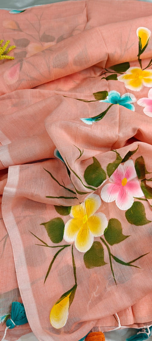 Soft Peach – Hand-Painted Floral Mul Cotton Saree