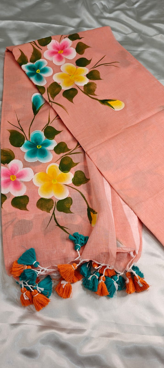 Soft Peach – Hand-Painted Floral Mul Cotton Saree