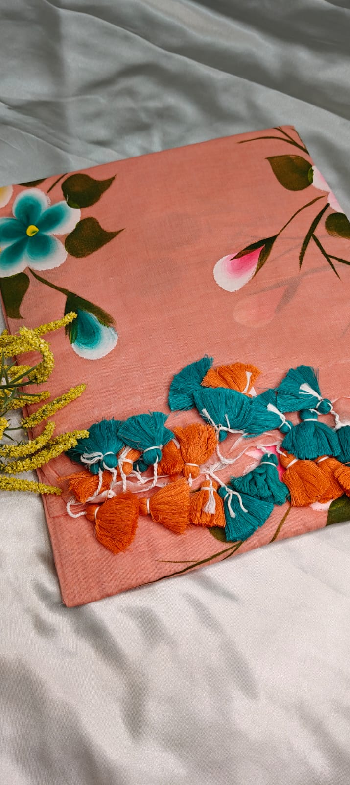 Soft Peach – Hand-Painted Floral Mul Cotton Saree