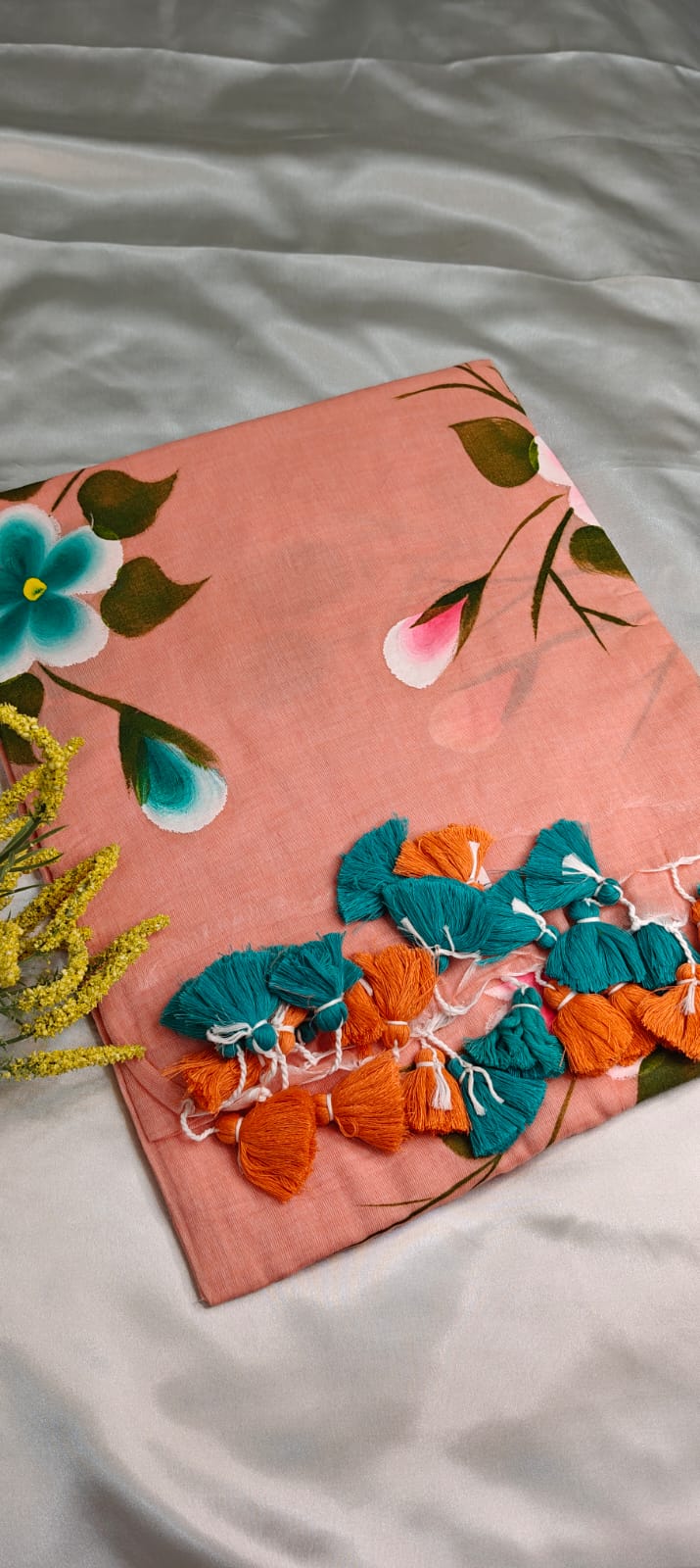 Soft Peach – Hand-Painted Floral Mul Cotton Saree