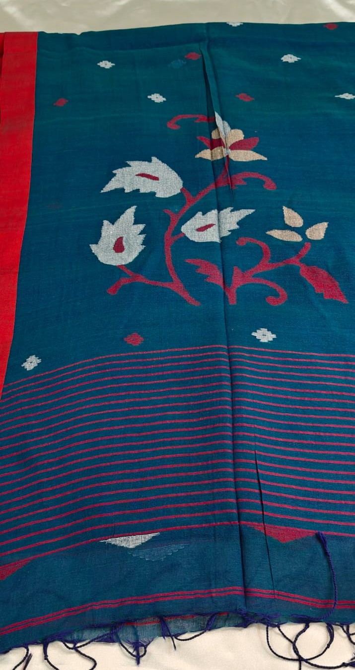 Teal Blue Handwoven Mul Cotton Jamdani Saree