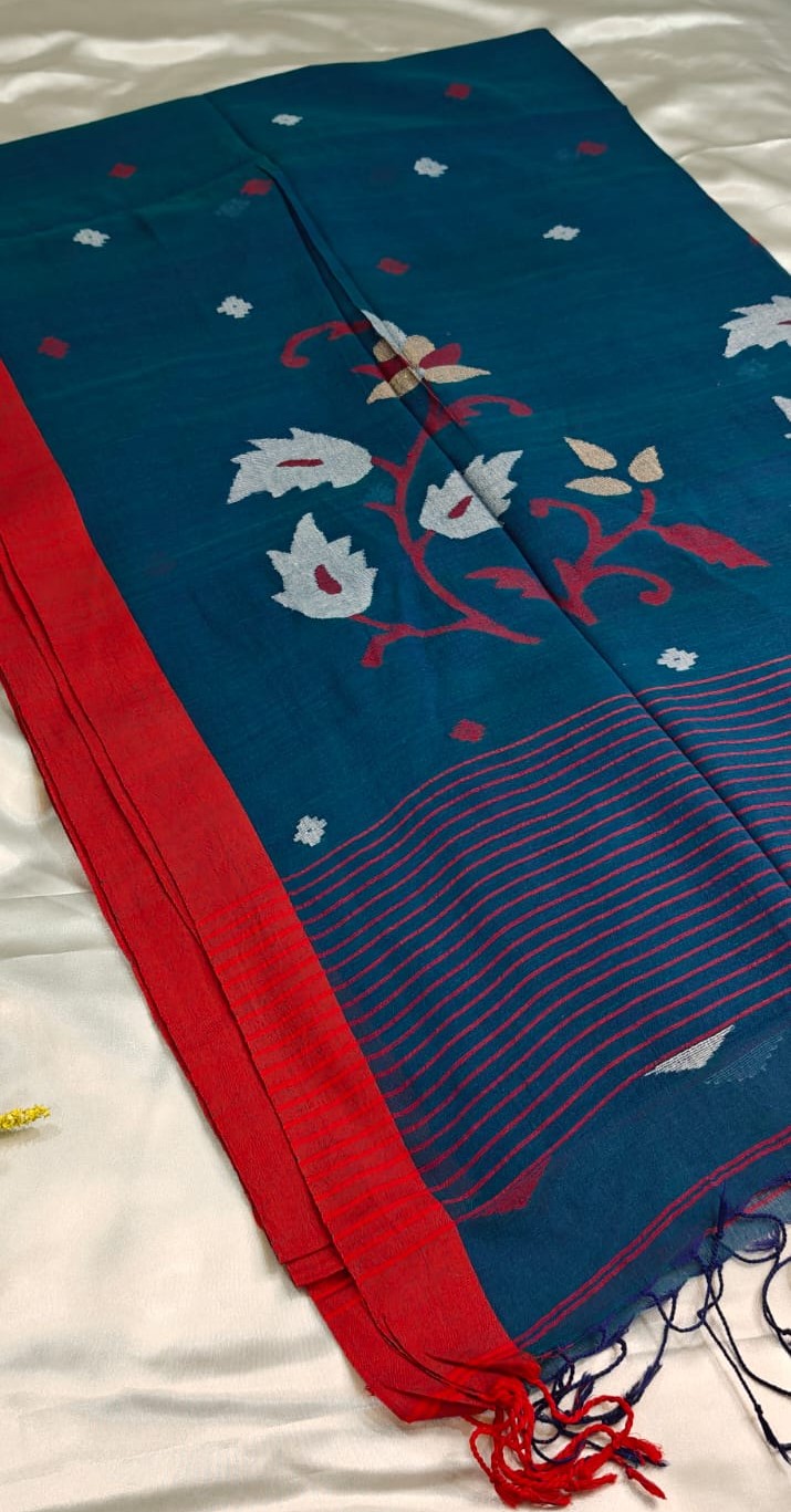 Teal Blue Handwoven Mul Cotton Jamdani Saree