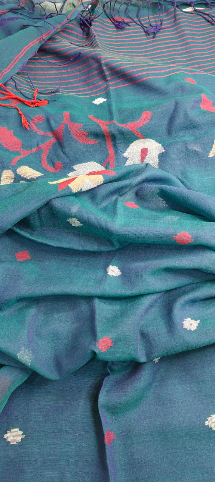 Teal Blue Handwoven Mul Cotton Jamdani Saree
