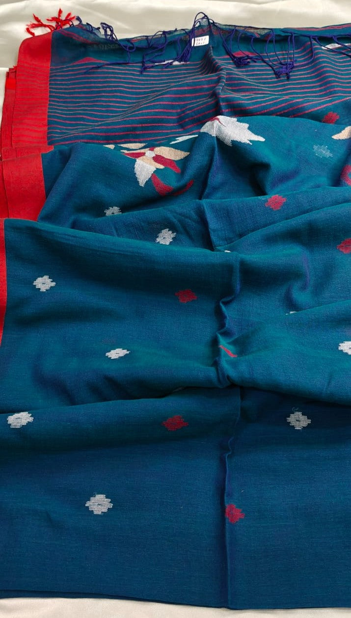Teal Blue Handwoven Mul Cotton Jamdani Saree