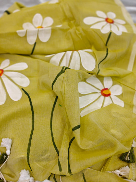 Lemon Yellow Hand Painted Mul Cotton Saree