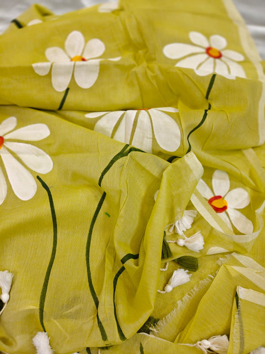 Lemon Yellow Hand Painted Mul Cotton Saree