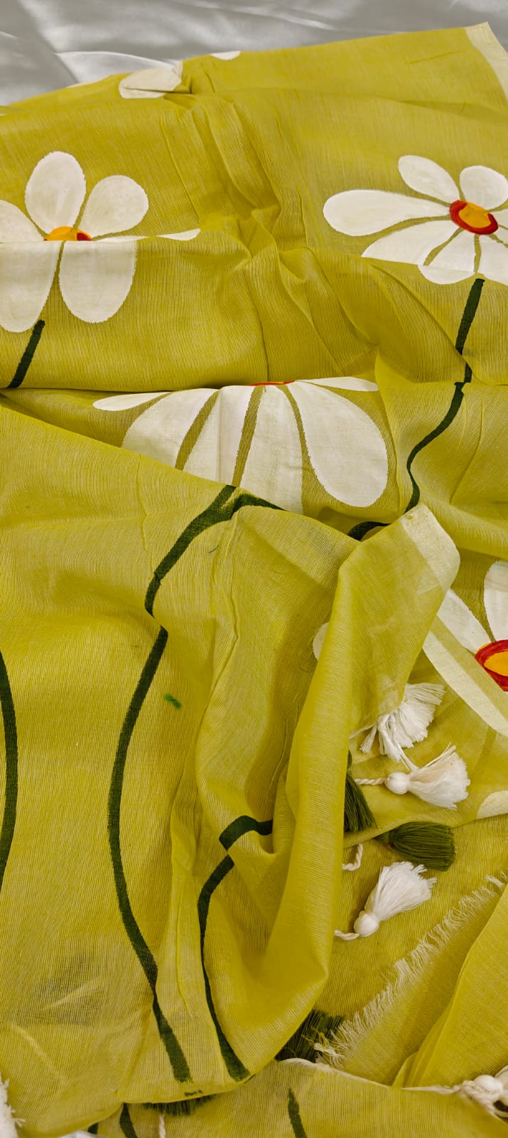 Lemon Yellow Hand Painted Mul Cotton Saree
