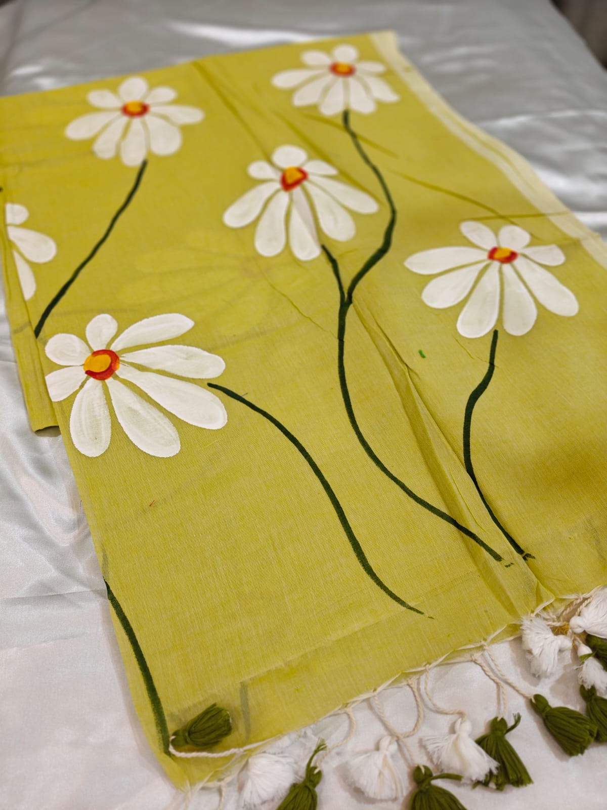 Lemon Yellow Hand Painted Mul Cotton Saree